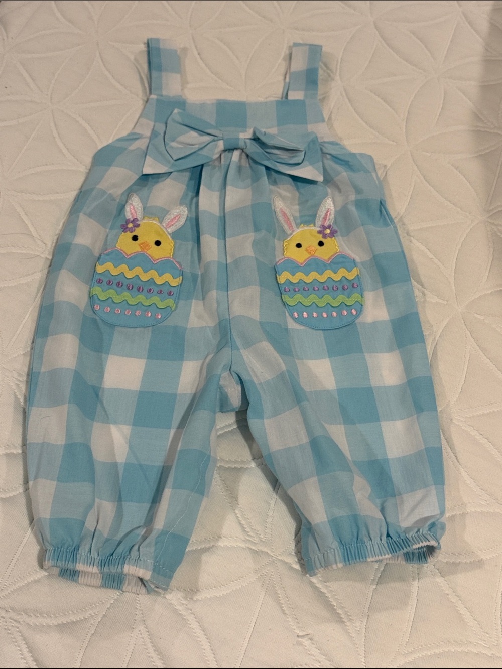 Blue Gingham Toddler Overalls with Easter Chick Appliqué
